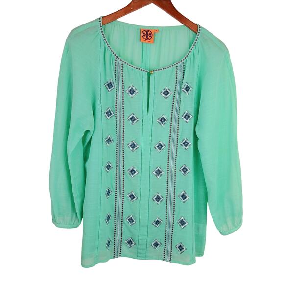 Tory Burch SZ 10 Lucille Seafoam Green Beaded Split Neck Blouse Cotton Linen - Picture 2 of 5